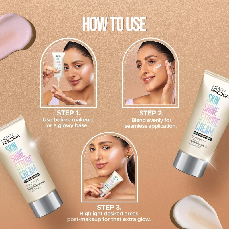 Hilary Rhoda Skin Shine Strobe Cream | 2 in 1 - Highlighter & Moisturiser | Shea Butter & Hyaluronic Acid | Intense Hydration | Weightless formula & Luminous Finish - 25ml (Pink Champagne - Shade 02) SH-7711 thumbnail 5